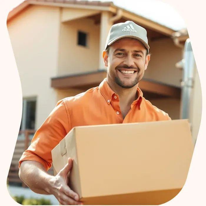 Two removalists moving boxes up stairs