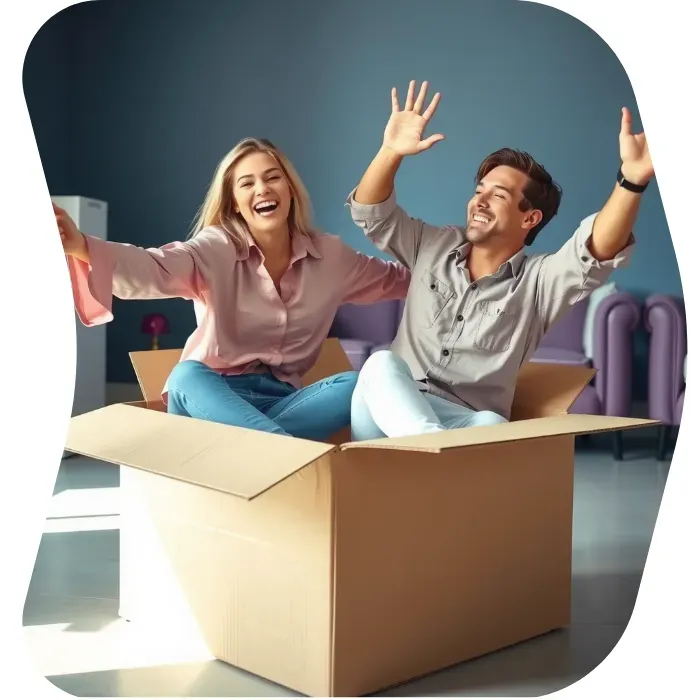 Two guys sitting on the floor of their apartment with Muval moving boxes